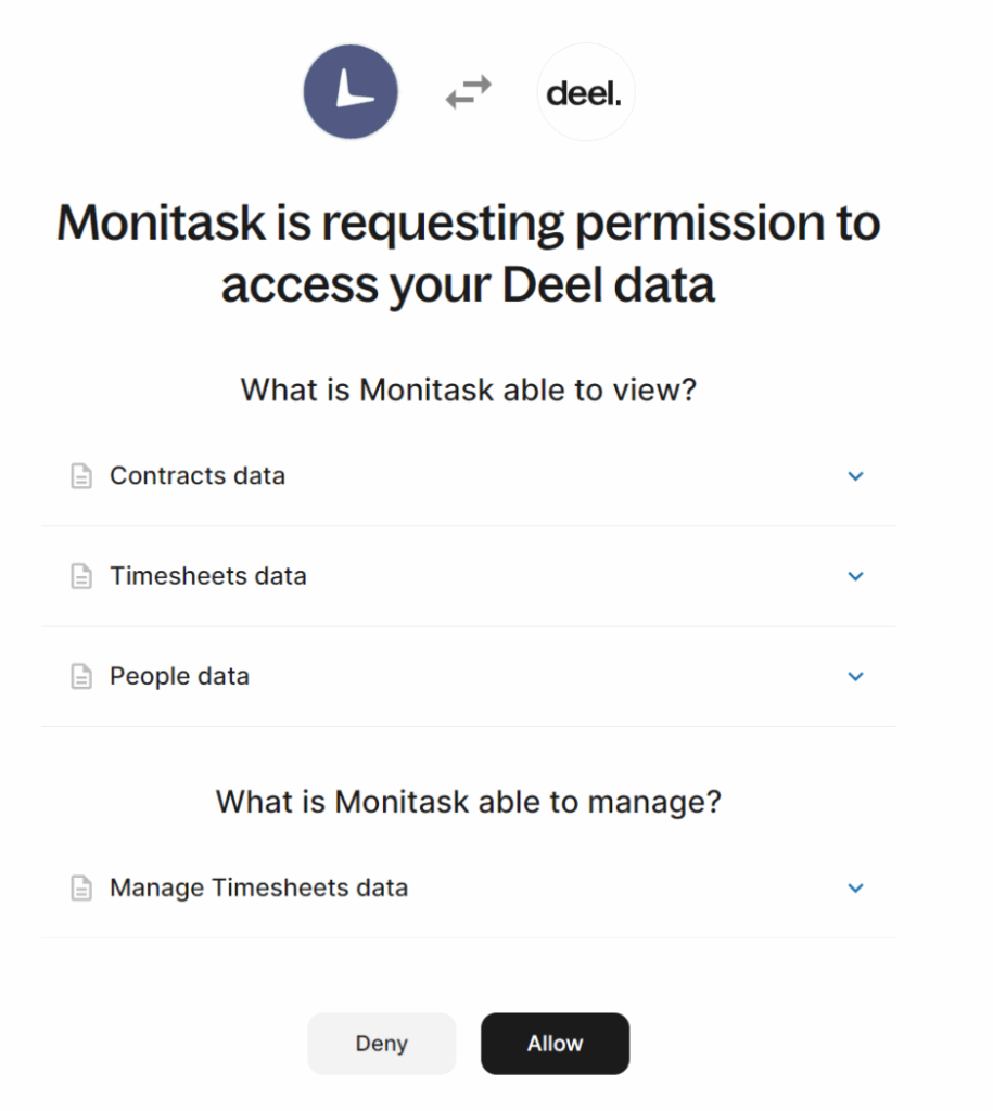 Screenshot of Monitask is requesting permission to access your Deel data