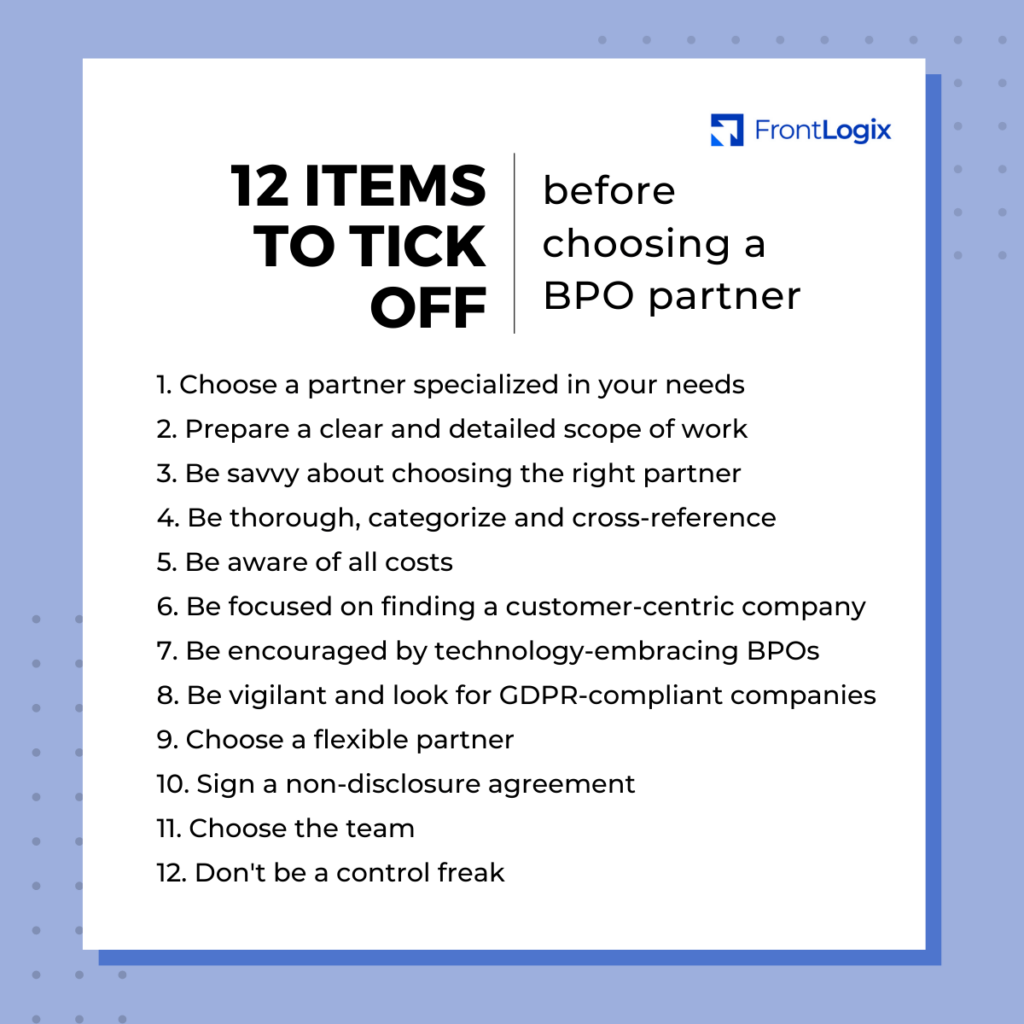 List of 12 items to tick off before choosing a BPO partner