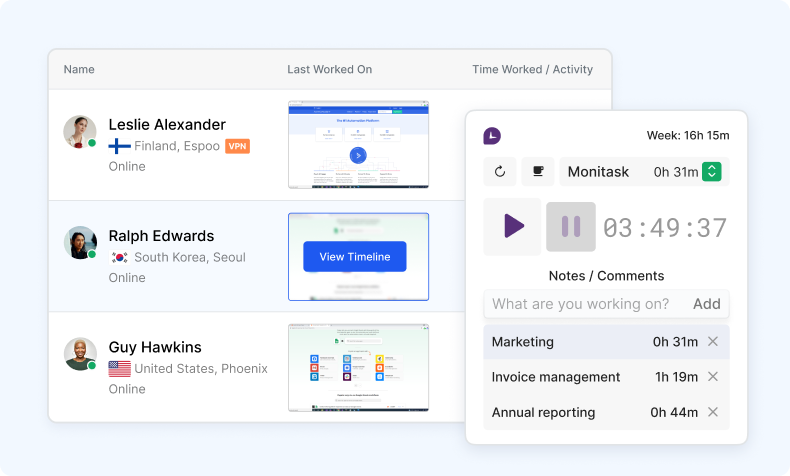 Screenshot of Monitask dashboard and timer.